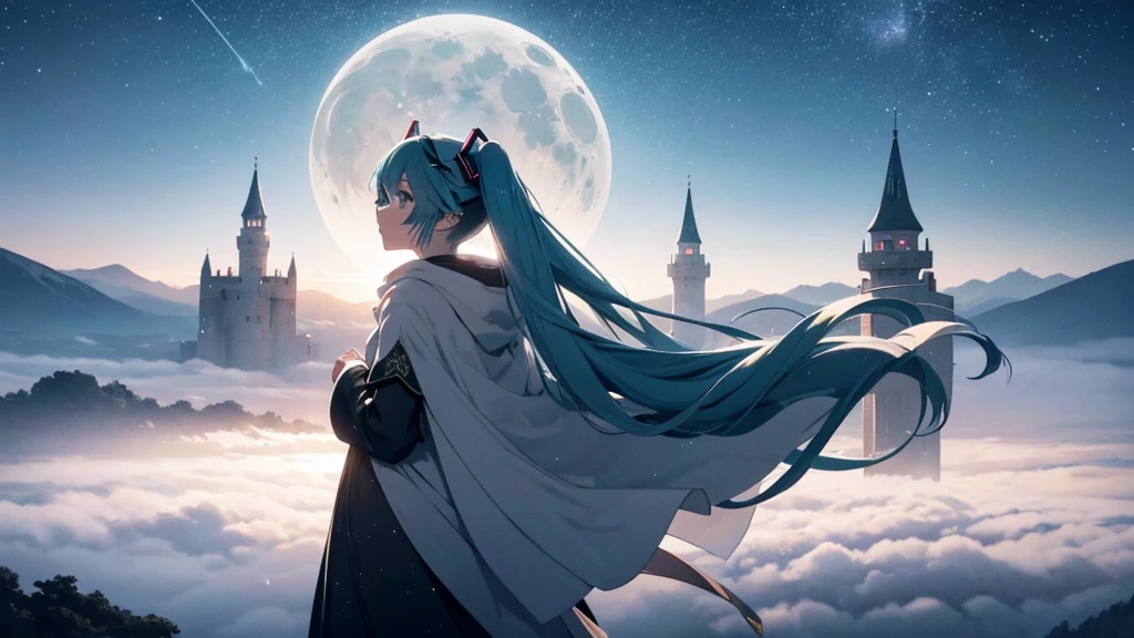 Set against the backdrop of an adventurous fantasy world、This is an image of Hatsune Miku.。She wears a mysterious cloak。The surroundings are shrouded in fog、In the distance you can see the silhouette of an ancient castle。The sky is a starry night、The moon casts a magical light over the forest.。