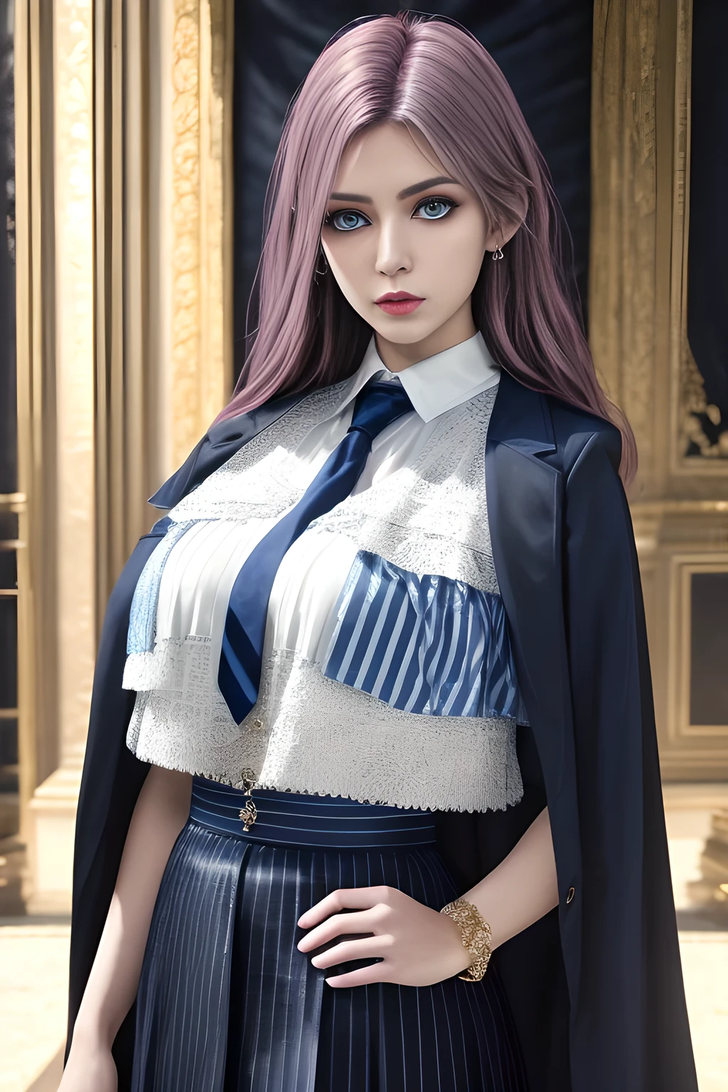 1girl,The upper body is a dark blue short-sleeved suit jacket, paired with a white shirt and a black tie. The jacket is decorated with white stripes, which adds a sense of fashion and layering. The lower body is a dark blue skirt that matches the jacket, ,beautiful detailed eyes, beautiful detailed lips, extremely detailed eyes and face, long eyelashes, best quality, 4k, 8k, highres, masterpiece, ultra-detailed, realistic, photorealistic, photo-realistic, ethereal glow, regal elegance, intricate details, luxurious, otherworldly beauty, dark atmospheric background, supernatural aura, elise,