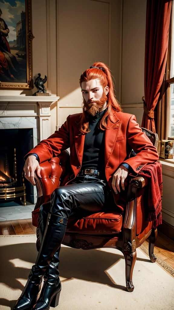 Sitting in the armchair, A beautiful redhead with a ponytail, in elegant black boots, elegant, beautiful female red coat, red painted nails, blue eyes, Beautiful young man, having beard