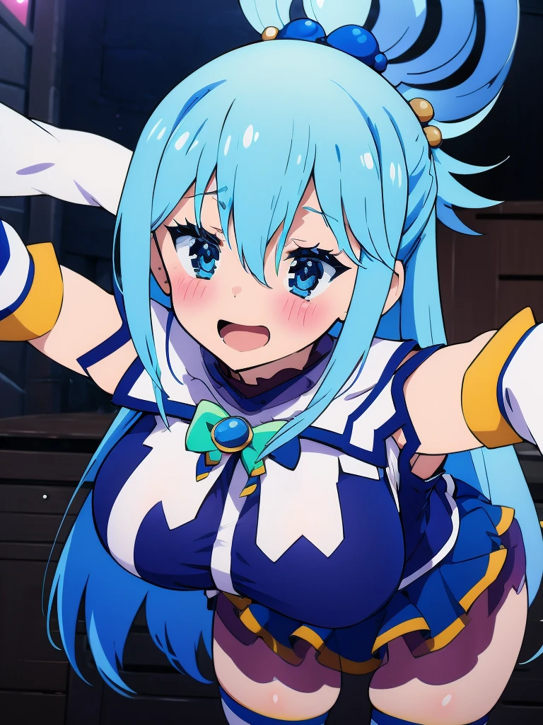 ((masterpiece)), ((Best quality)), (ultra detailed), ((kawaii)), Cute, (Beautiful), ((sexual)), ((extremely detailed)), 4K, (8 thousand.), Best quality, (Beautiful), illustration, anime style, (heavy line:1.2), Gradation, a Cute girl, 1 girl, Konosuba, Water, blue hair, detailed clothing, detailed fabric, Hair rings, (One:1.2), //, standing, (Place your hands on your hips), //, emphasizing the neckline and short skirt, slightly sheer blouse, short pleated skirt, //, Perfect eyes, //, (sexual expression:1.2), fascinated expression, smiling, looks at the viewer, (selfie:1.2) , (Above , smile , open mouth , blush:1.2) //, (Beautiful eyes) //, night sky, distant city lights, lifting skirt, Panties shown, Cute, stockings, hips high, Medium breasts, T-boots, Mid thighs