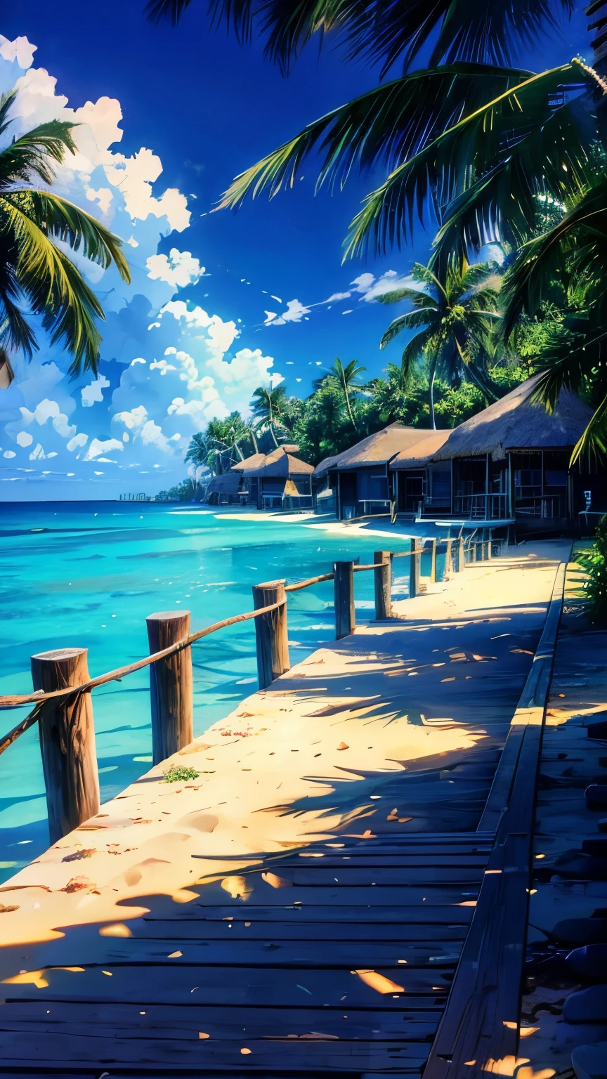 a wooden pier leading to a beach with a thatched hut and palm trees, maldives in background, beautiful place, turquoise water, blue waters, at a tropical beach, azure blue water, turquoise ocean, tropical ocean, paradise in the background, clear blue water, ocean in the background, crystal clear blue water, near a jetty, tropical beach paradise, tropical beach