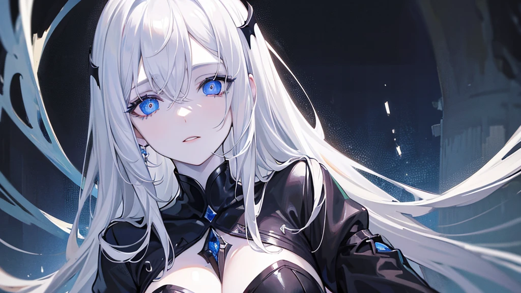 (Masterpiece, Best quality, ultra high resolution),1girl, white hair, beautiful and detailed face, detailed eyes,open mouth, sharp teeth,fangs,cum in mouth,cum on face,((gray and blue theme)),(((very close-up)))