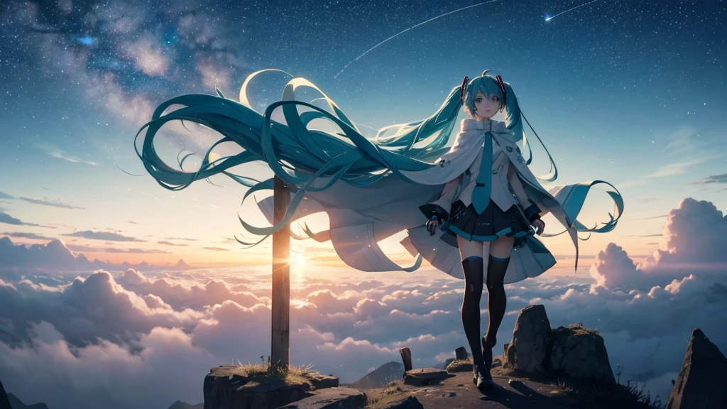 Set against the backdrop of an adventurous fantasy world、This is an image of Hatsune Miku.。She wears a mysterious cloak。The surroundings are shrouded in fog、In the distance you can see the silhouette of an ancient castle。The sky is a starry night、The moon casts a magical light over the forest.。