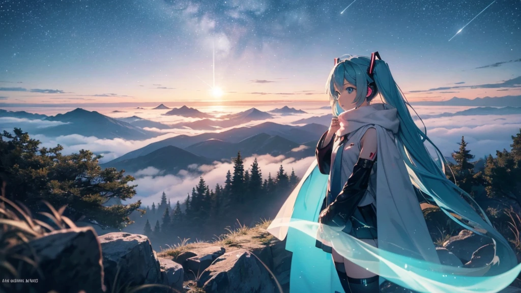Set against the backdrop of an adventurous fantasy world、This is an image of Hatsune Miku.。She wears a mysterious cloak。The surroundings are shrouded in fog、In the distance you can see the silhouette of an ancient castle。The sky is a starry night、The moon casts a magical light over the forest.。