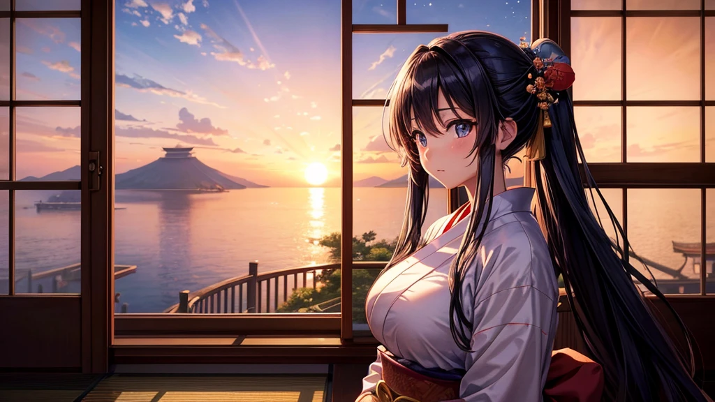 anime、Cinematic、A beautiful girl with long hair and big breasts wearing a yukata、Looking out the window at the sunset。The room is a Japanese-style room.、It creates a calm and peaceful atmosphere。The images are of high quality and highly detailed.、I can see the scenery outside the window。