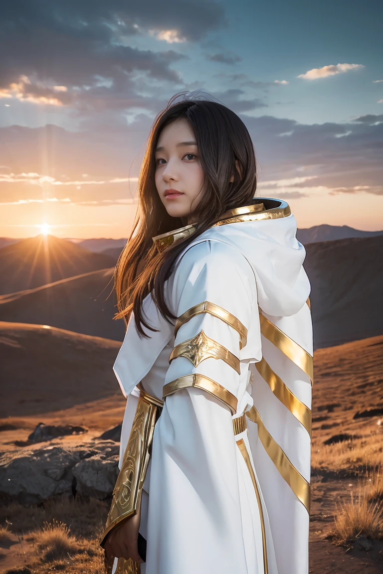 ((masterpiece, best quality, extremely detailed), volumetric lighting, ambient occlusion, colorful, glowing), 1girl, solo, young girl, (dark hair), long hair, ranger suit, hunter class dnd, cloak, (white outfit with gold detailst:1.3), armor, outdoors, sunset, sky, clouds, space, (fantasy theme:1.2),