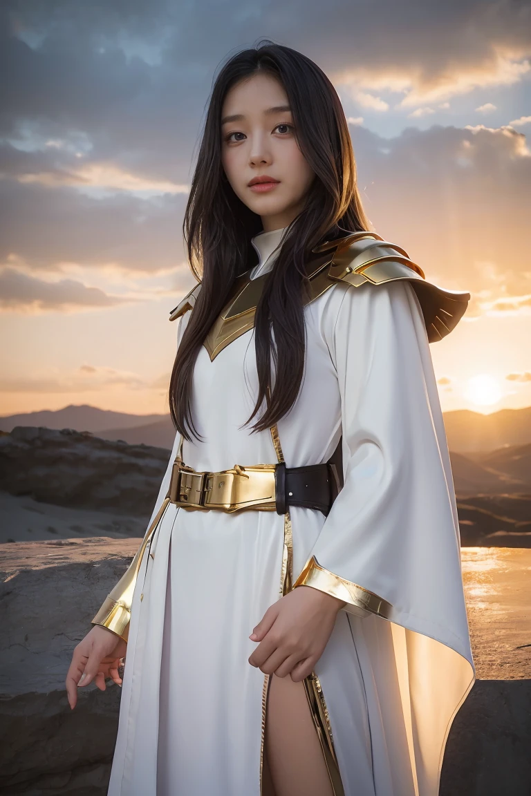 ((masterpiece, best quality, extremely detailed), volumetric lighting, ambient occlusion, colorful, glowing), 1girl, solo, young girl, (dark hair), long hair, ranger suit, hunter class dnd, cloak, (white outfit with gold detailst:1.3), armor, outdoors, sunset, sky, clouds, space, (fantasy theme:1.2),