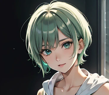 intellectual,short hair,Emerald hair,short hair,green hair,laughter,30 years,drooling eyes,upper body up, alone,know,Flow of hair that extends to the face,bangs between eyeliner hair,High resolution, Bright and clear, Big light blue eyes shine charmingly,green one piece,white jacket,eyeliner,Shining white skin,beautiful bangs,(Ultra Real), (figure), (High resolution), (In 8K), (very detailed), (Best figure), (Beautiful quality with attention to detail), (super detailed), (wallpaper), (detailed face),