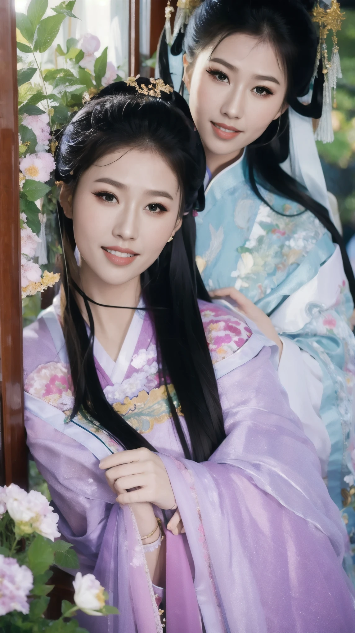 Fashion model 18 years old [[[[close up]]]], [[[[neck]]]], [[[[Shoulder]]]], Perfect eyes, Perfect Iris，Perfect lips，Perfect Teeth，Perfect skin，White skin，Soft headlights，High-density imaging，Black long hair，（Clean and delicate face），((Chinese Clothing))，((Sexy))，((Smile))，((Background is indoor))，((There are green trees and flowers outside the window))，best quality，masterpiece，（Soft colors：1.2）