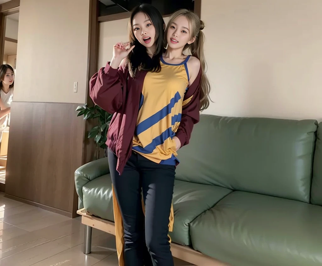 best resolution, 2heads,  half-body shot, conjoined, dicephalus, two japanese women with two heads ,  blonde hair, hair bun, long hair, different faces,hands on head, mouth open,, shocked, tanktop, indoor background