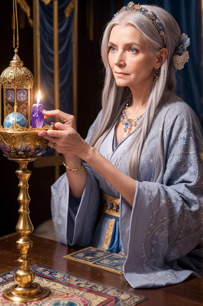 "Create an image of an elderly woman who is a fortune teller. She has a mystical and wise appearance, with long, gray hair and piercing blue eyes. She is wearing traditional, colorful robes adorned with intricate patterns and jewelry. The setting is a dimly lit room filled with mysterious objects like crystal balls, tarot cards, and candles. The atmosphere is magical and mysterious."