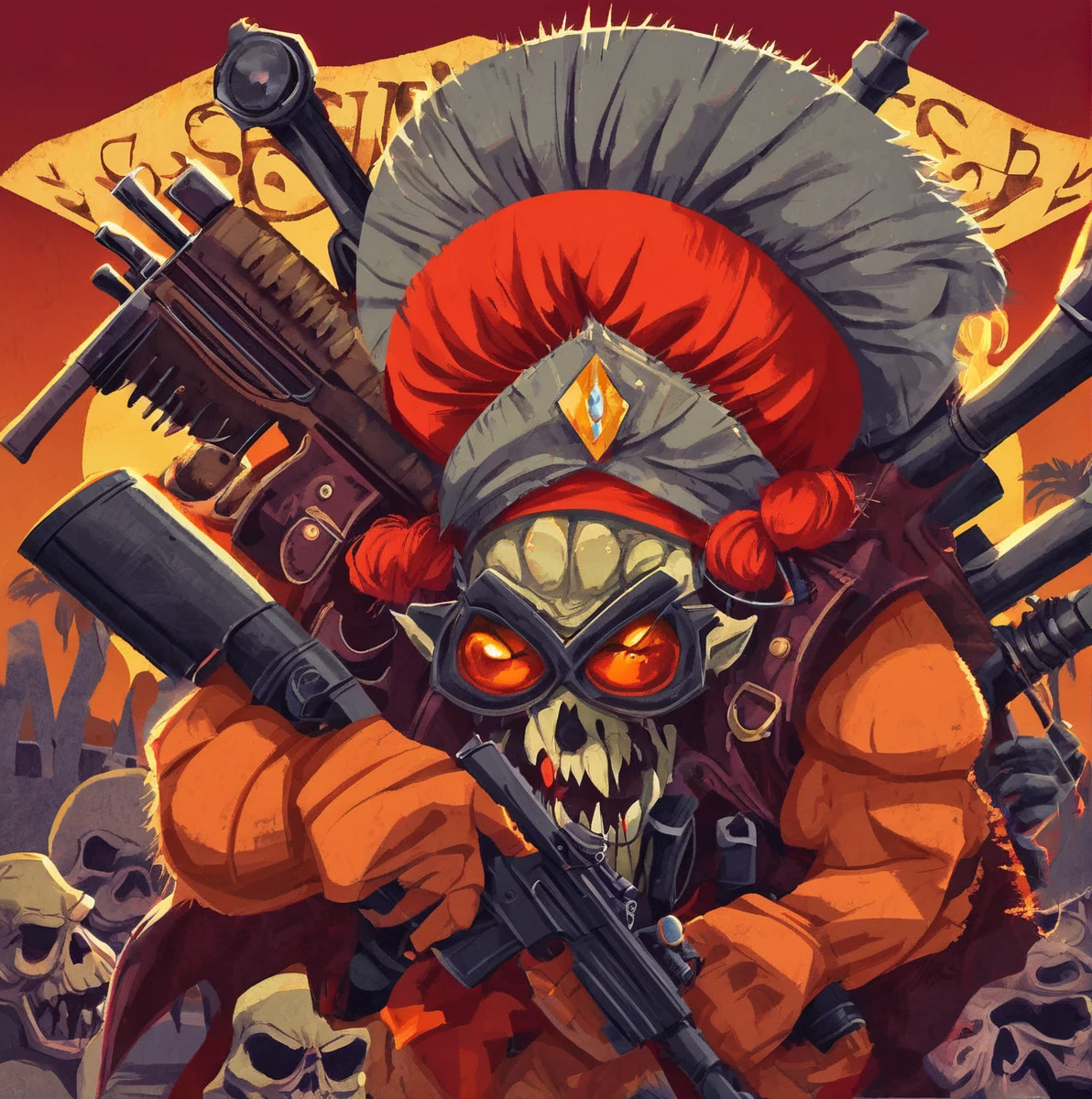 Big Orange Spike Bacteria Monster, Red Turban Hat, Black Longer Mustache, Red Laced Corset, Piercing on Nose, Large Spike Horns, Angry and Lazy, looking at viewer, holding Sniper Rifles, Graveyard at Las Vegas 