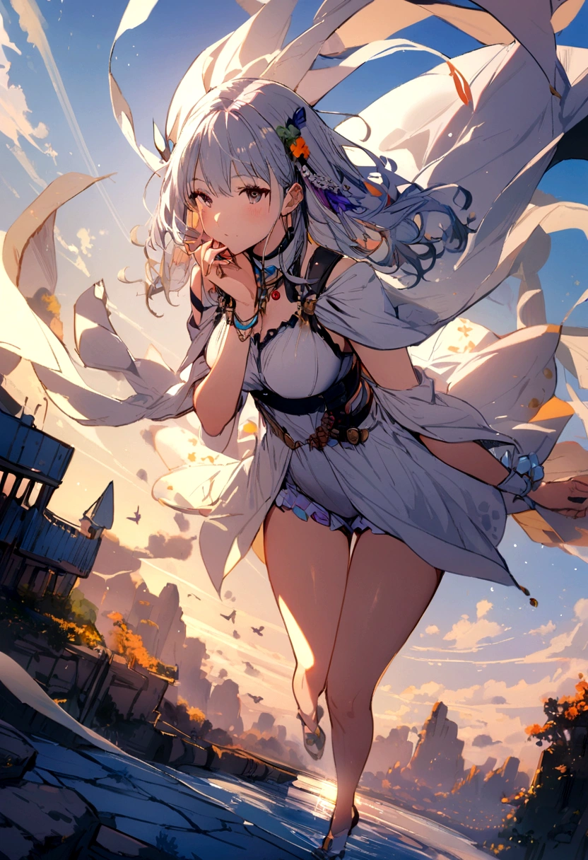 Official Art, masterpiece, Clear focus, (Beautiful, gorgeous and lovely Korean women:1.3), (Beautiful and cute Korean:1.3), Korean beauty, Exquisite and beautiful hair、Eyes and face, Practical, Super detailed, beautiful girl, Blue sky, 夜光White颗粒, (Side Light:1.2), Sunlight, White Cloud, Detailed Cloud, thin and long, Cute big boobs and big ass, grin, ((Smile with your eyes, Open your eyes)), landscape, long, Straight Hair, sexy facial expression, architecture, (city View:1.7), Dynamic Hair, long, Straight Hair, delicate white hair, glowing blue eyes, (blue pleated shirt + White Skirt), White, Pale skin, Hair accessories, epic landscape,Nice ass，Beautiful buttocks ，White高跟鞋，The skirt was lifted