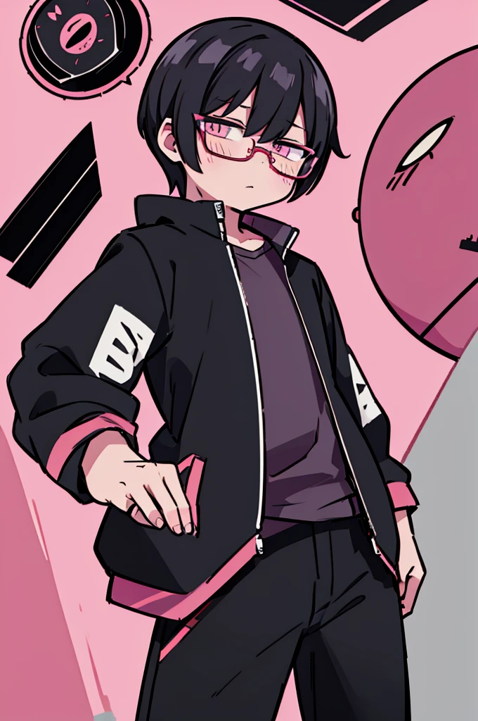 black pants, Sharp image, man, Black hair with pink ends, wearing a pink jacket. , has a dull, bored face, wears round glasses, has short, neat hair,