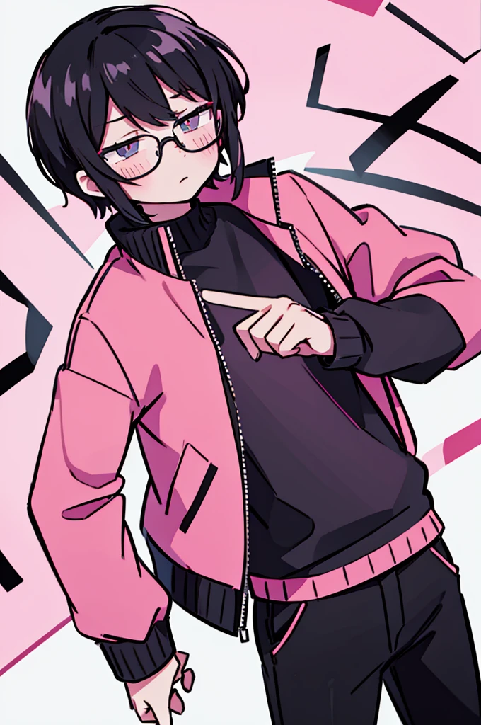 black pants, Sharp image, man, Black hair with pink ends, wearing a pink jacket. , has a dull, bored face, wears round glasses, has short, neat hair,