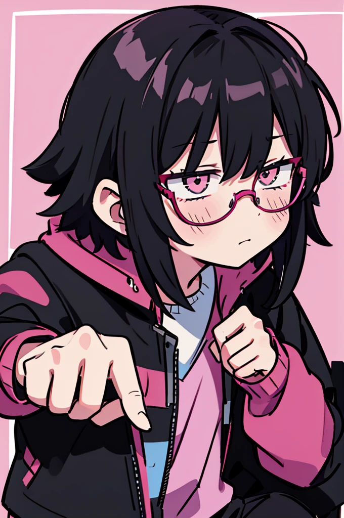 black pants, Sharp image, man, Black hair with pink ends, wearing a pink jacket. , has a dull, bored face, wears round glasses, has short, neat hair,