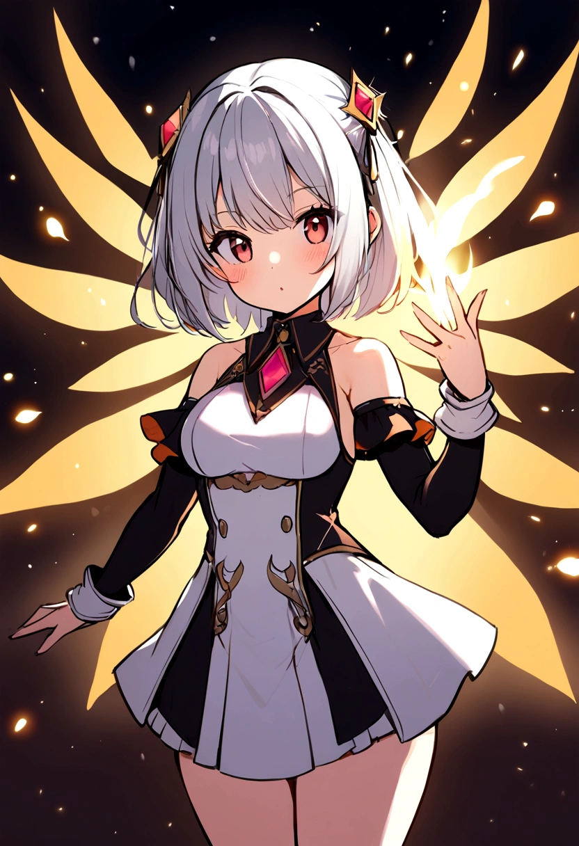 vector art, 1girl, hime cut, white hair, blunt bangs, ahoge, blush, yellow eyes, short girl, little tits, showing tits, grin, full body, short girl, grin, grinning, naked, flat color, thick outline, outline