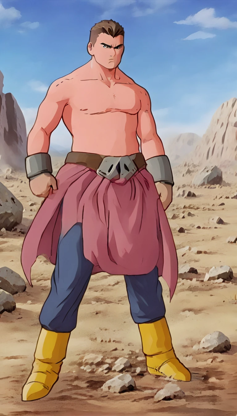 a shirtless pink Majin Buu,white pants,(black_eyesocket:1.5),pink_eyes,standing in the wild,angry,(detailed face:1.2)