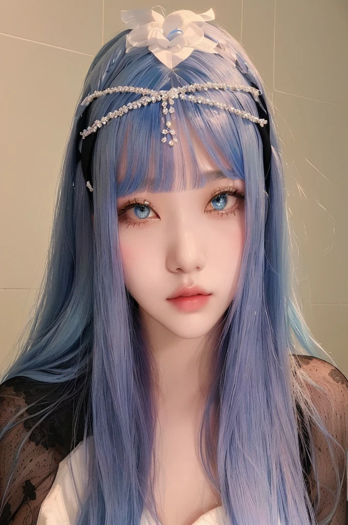 a close-up of a woman with long blue hair wearing a headband, ulzzang, cruel korean goth girl, white hime cut hairstyle, blue hairstyle, with blue hair, with long hair and piercing eyes, the hime cut, with white long hair, sky blue straight hair, kawaii hairstyle, with full bangs, long hair with full bangs, pretty girl with blue hair