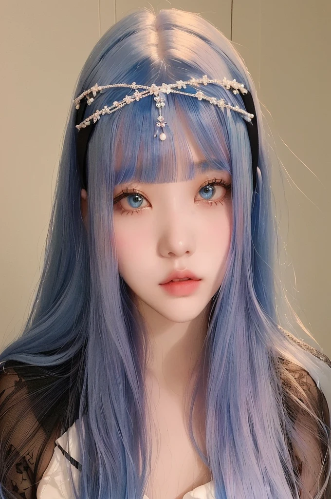 a close-up of a woman with long blue hair wearing a headband, ulzzang, cruel korean goth girl, white hime cut hairstyle, blue hairstyle, with blue hair, with long hair and piercing eyes, the hime cut, with white long hair, sky blue straight hair, kawaii hairstyle, with full bangs, long hair with full bangs, pretty girl with blue hair