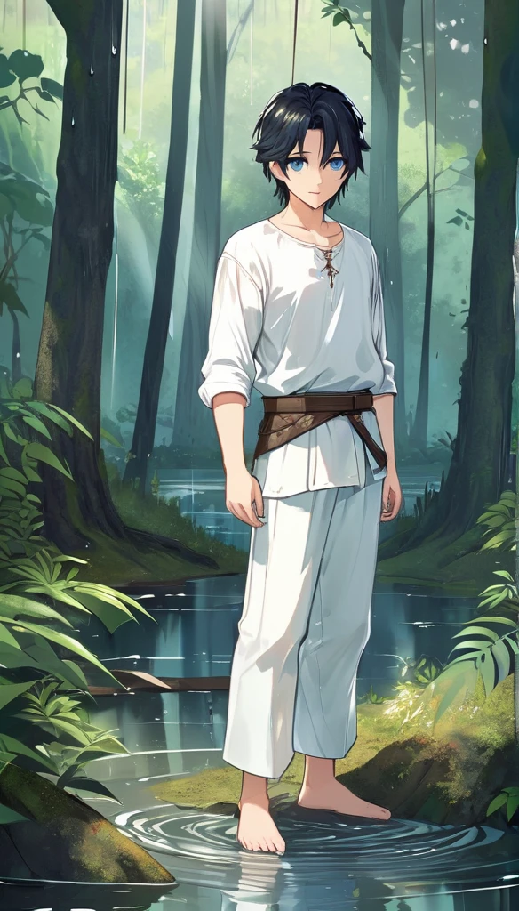 Anime-style male character Standing in front of the lake, (black hair:1.2), (gentle expression:1.1), blue eyes, Plain white shirt and plain white trousers medieval set outfit, (Standing in the middle of the forest with rainwater on the ground:1.3), sunlight reflecting on water, rain forest, subtle water splashes, high-resolution digital art, soft color palette, tranquil atmosphere, (serene ocean background:1.1), realistic water texture