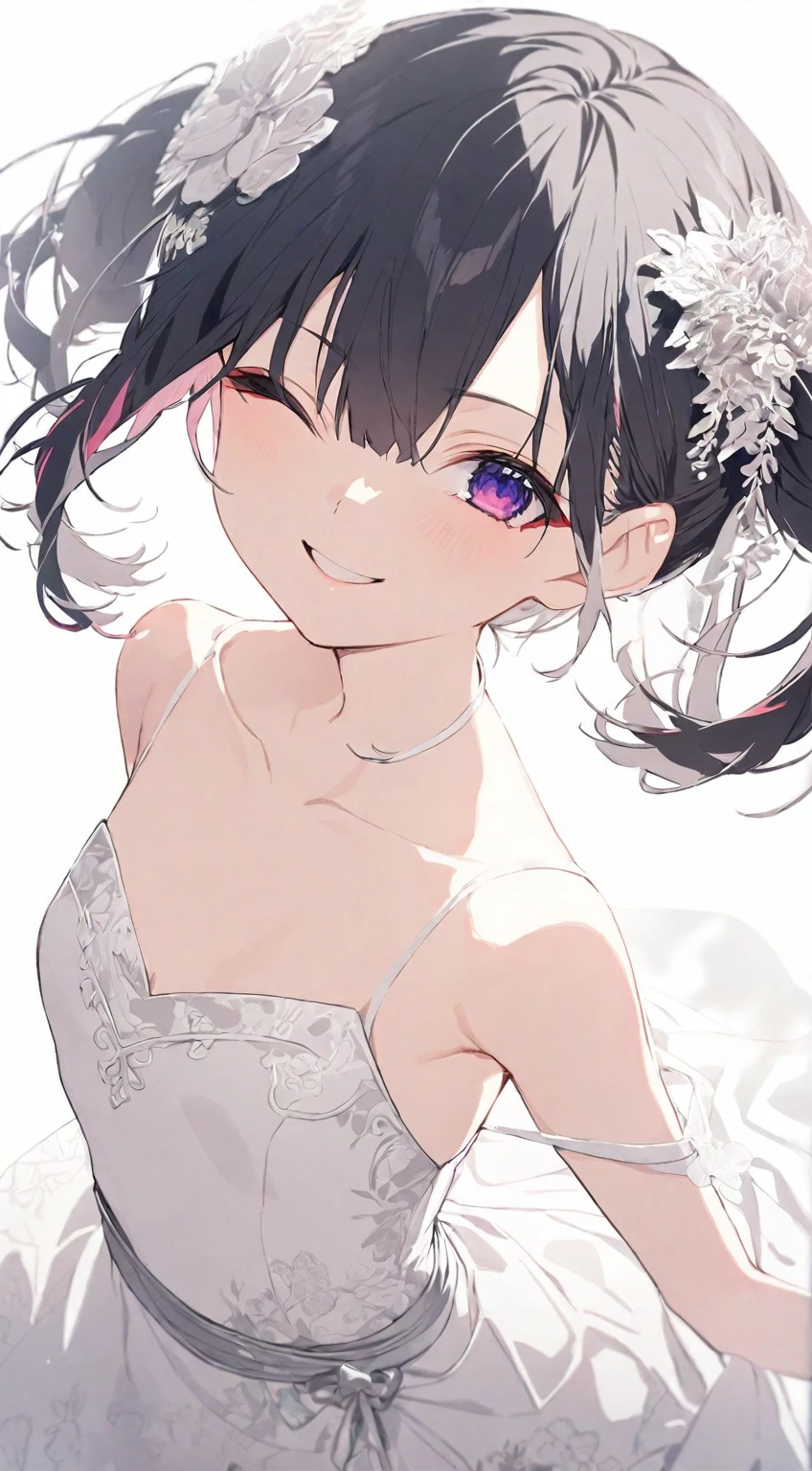 (masterpiece), (best quality), perfect face, beautiful girl, white background background, delicate and beautiful face and eyes, dark intense shadow, Traditional Chinese ink painting, 1 girl, vtuber style, cool girl, hololive,amane kanata, streaked hair, short hair, Wedding dress, small chest, cropped shoulders, clavicle, one eye close winking, smile, body visible through clothes, chest visible through clothes, (full body), looking at viewer, standing,
