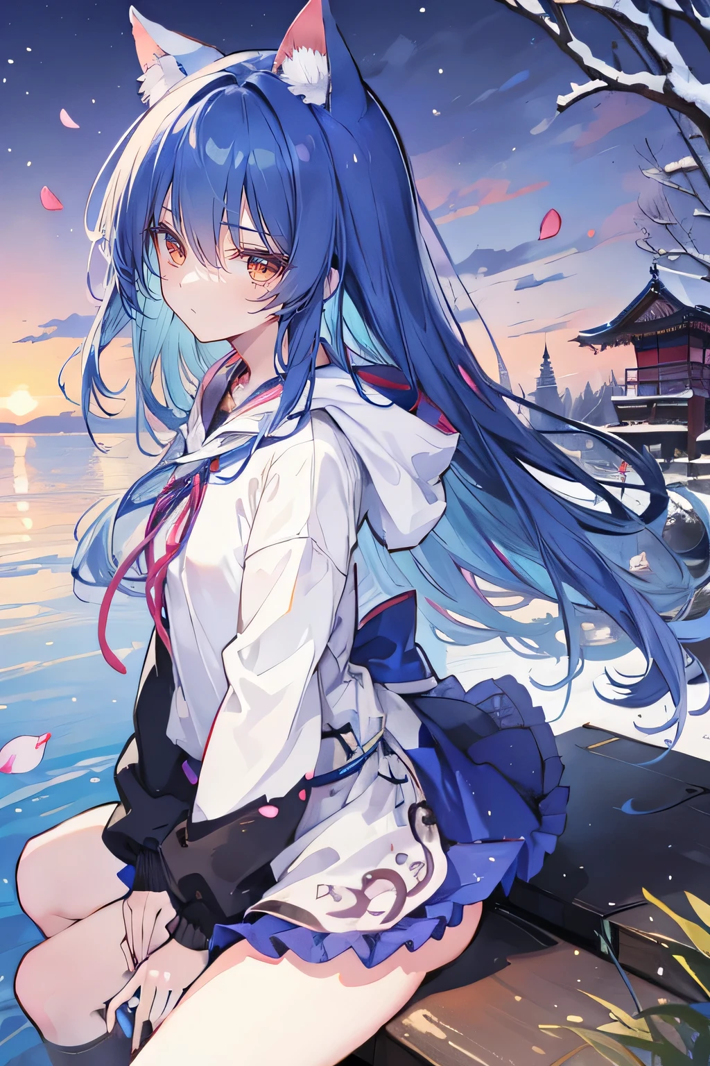 (masterpiece:1.2),Super detailed,lifelike,Expressive eyes,fair skin,perfect face shape,1 girl,
Japanese comics,Gorgeous blue hair,flowing blue hair,flowing clothes,Cat ears,Petals fall,beautiful lola,Baby Angel,sunrise,
Shaking head with one hand,Cross your legs,Gentle and peaceful background,The pavilion is cool and comfortable,smile, wearing hoodie, background of tokyo,back views,snowing, winter,seaside,wet clothes,A smile,A faint smile,。