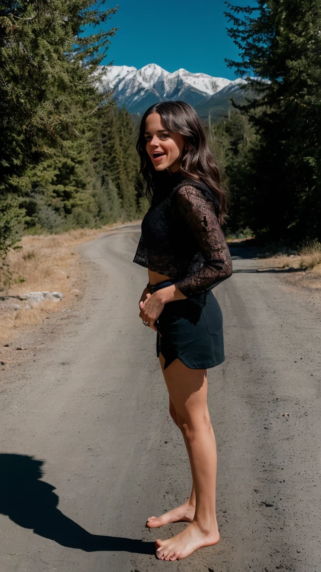 Fullbody portrait of jortega looking at viewer, magazine cover, ((masterpiece, extremely detailed skin, photorealistic, heavy shadow, dramatic and cinematic lighting)), ((tongue out, saliva dripping from tongue)), sexy outfit, sexy pose, mountainous forest, standing, ((barefoot))