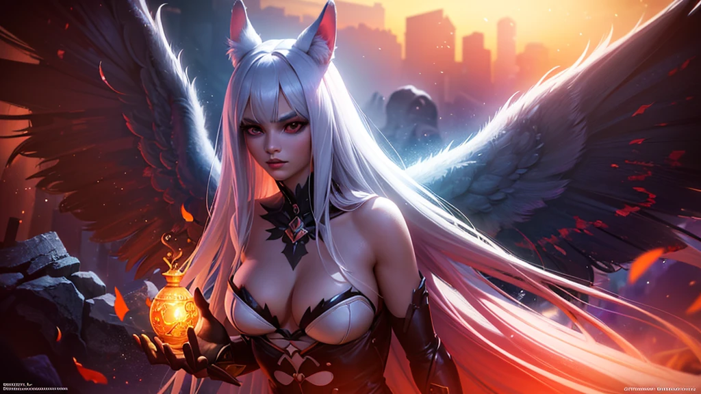 A beautiful girl with cat ears, long white hair, and a furry cat tail, bat wings, and red eyes, wearing white and red clothes, slender figure with large breasts, (best quality,4k,8k,highres,masterpiece:1.2),ultra-detailed,(realistic,photorealistic,photo-realistic:1.37),detailed eyes,detailed lips,extremely detailed face,long eyelashes,fantasy,magical,digital painting,concept art,vibrant colors,dramatic lighting,highly detailed