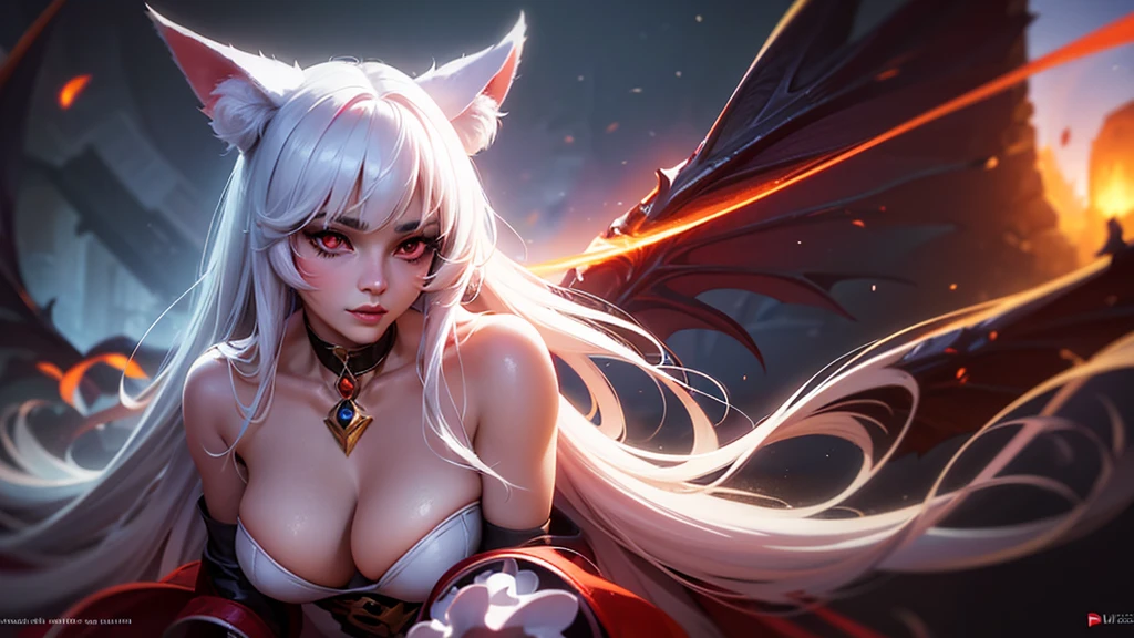 A beautiful girl with cat ears, long white hair, and a furry cat tail, bat wings, and red eyes, wearing white and red clothes, slender figure with large breasts, (best quality,4k,8k,highres,masterpiece:1.2),ultra-detailed,(realistic,photorealistic,photo-realistic:1.37),detailed eyes,detailed lips,extremely detailed face,long eyelashes,fantasy,magical,digital painting,concept art,vibrant colors,dramatic lighting,highly detailed