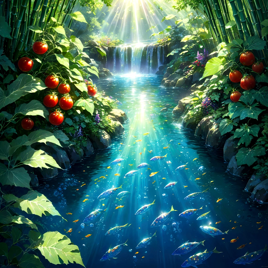 Rays of sunlight pierce the canopy, illuminating a small waterfall cascading into a pool of the most pristine, crystalline water imaginable. Beneath the shimmering cascade, a weathered bamboo basket overflows with the vibrant colors of summer, completely submerged in the refreshing depths. Three plump, red tomatoes, four vibrant green cucumbers, and four long, deep purple eggplants practically glow, their forms distorted by the crystal-clear water that envelops them. Tiny bubbles dance around the submerged bounty, catching the light and creating a mesmerizing spectacle of underwater beauty. The air hums with the sound of the waterfall, a symphony of nature's purity and the promise of a delicious, sun-kissed meal. beautiful anime scenery, landscape painting, beautiful digital painting, andreas rocha, illustration of beautiful artwork, amazing wallpaper, raymond swanland, tall beautiful painting, studio ghibli makoto shinkai, beautiful wallpaper, anime scenery refreshing, nostalgic, summer, japan, nature, no humans simple, minimalist, waterfall, 3 tomatoes, 4 cucumbers, 4 eggplants, submerged basket, crystal clear water, underwater