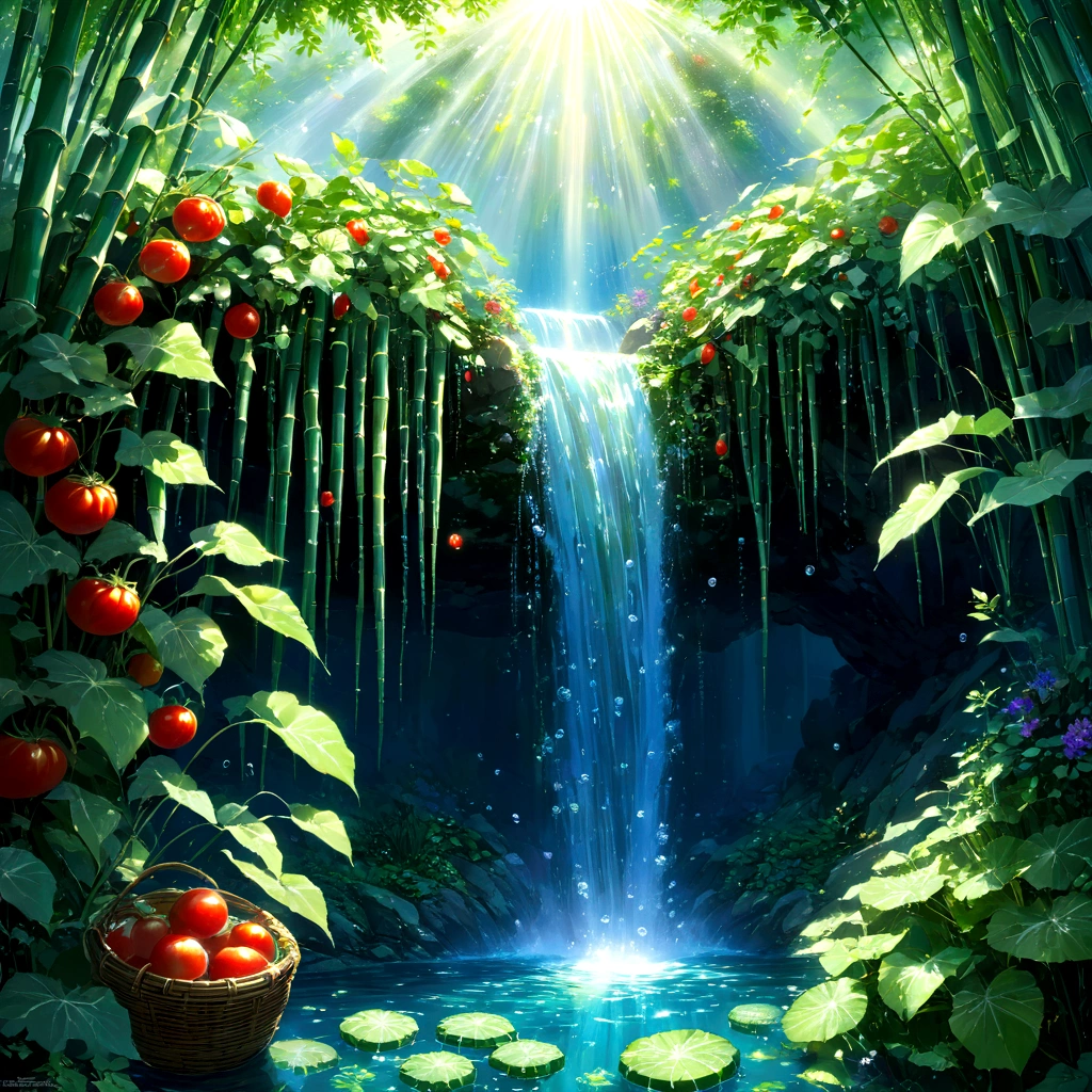 Rays of sunlight pierce the canopy, illuminating a small waterfall cascading into a pool of the most pristine, crystalline water imaginable. Beneath the shimmering cascade, a weathered bamboo basket overflows with the vibrant colors of summer, completely submerged in the refreshing depths. Three plump, red tomatoes, four vibrant green cucumbers, and four long, deep purple eggplants practically glow, their forms distorted by the crystal-clear water that envelops them. Tiny bubbles dance around the submerged bounty, catching the light and creating a mesmerizing spectacle of underwater beauty. The air hums with the sound of the waterfall, a symphony of nature's purity and the promise of a delicious, sun-kissed meal. beautiful anime scenery, landscape painting, beautiful digital painting, andreas rocha, illustration of beautiful artwork, amazing wallpaper, raymond swanland, tall beautiful painting, studio ghibli makoto shinkai, beautiful wallpaper, anime scenery refreshing, nostalgic, summer, japan, nature, no humans simple, minimalist, waterfall, 3 tomatoes, 4 cucumbers, 4 eggplants, submerged basket, crystal clear water, underwater