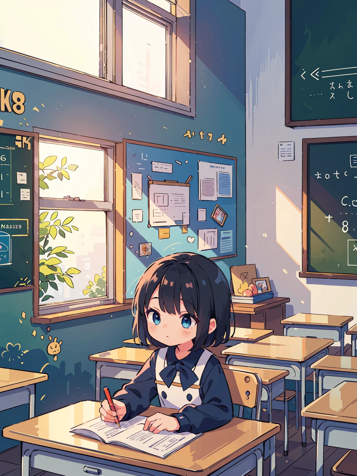 ((Masterpiece, best quality, high quality, very detailed CG uniform 8k wallpaper, very detailed, very detailed background)), detailed eyes, shiny hair, shiny skin, bright skin, (SFW), (1boy, 8 years old, black hair, blue eyes, elementary school), (innocent), (indoor, classroom, sunlight through the window.)