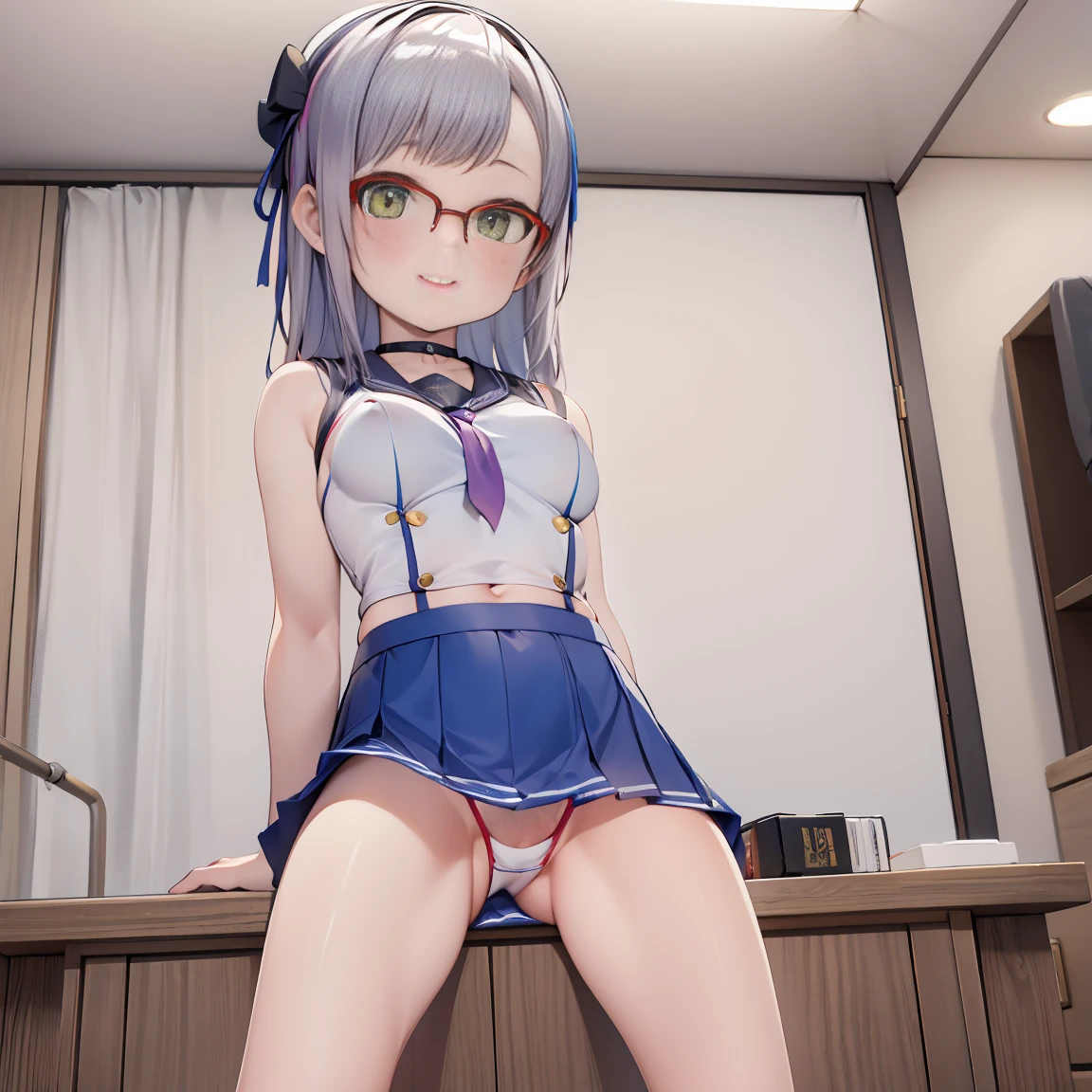 8K、masterpiece、Japanese、Woman wearing glasses、Neon(nod)、from the front、smile、Childish、Small breasts、See-through underwear、night、Bedroom、Spread your legs and show、mini skirt