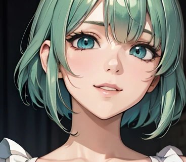 intellectual,smile,short hair,Emerald hair,short hair,green hair,laughter,30 years,drooling eyes,upper body up, alone,know,Flow of hair that extends to the face,bangs between eyeliner hair,High resolution, Bright and clear, Big light blue eyes shine charmingly,green one piece,white jacket,eyeliner,Shining white skin,(Ultra Real), (figure), (High resolution), (In 8K), (very detailed), (Best figure), (Beautiful quality with attention to detail), (super detailed), (wallpaper), (detailed face),