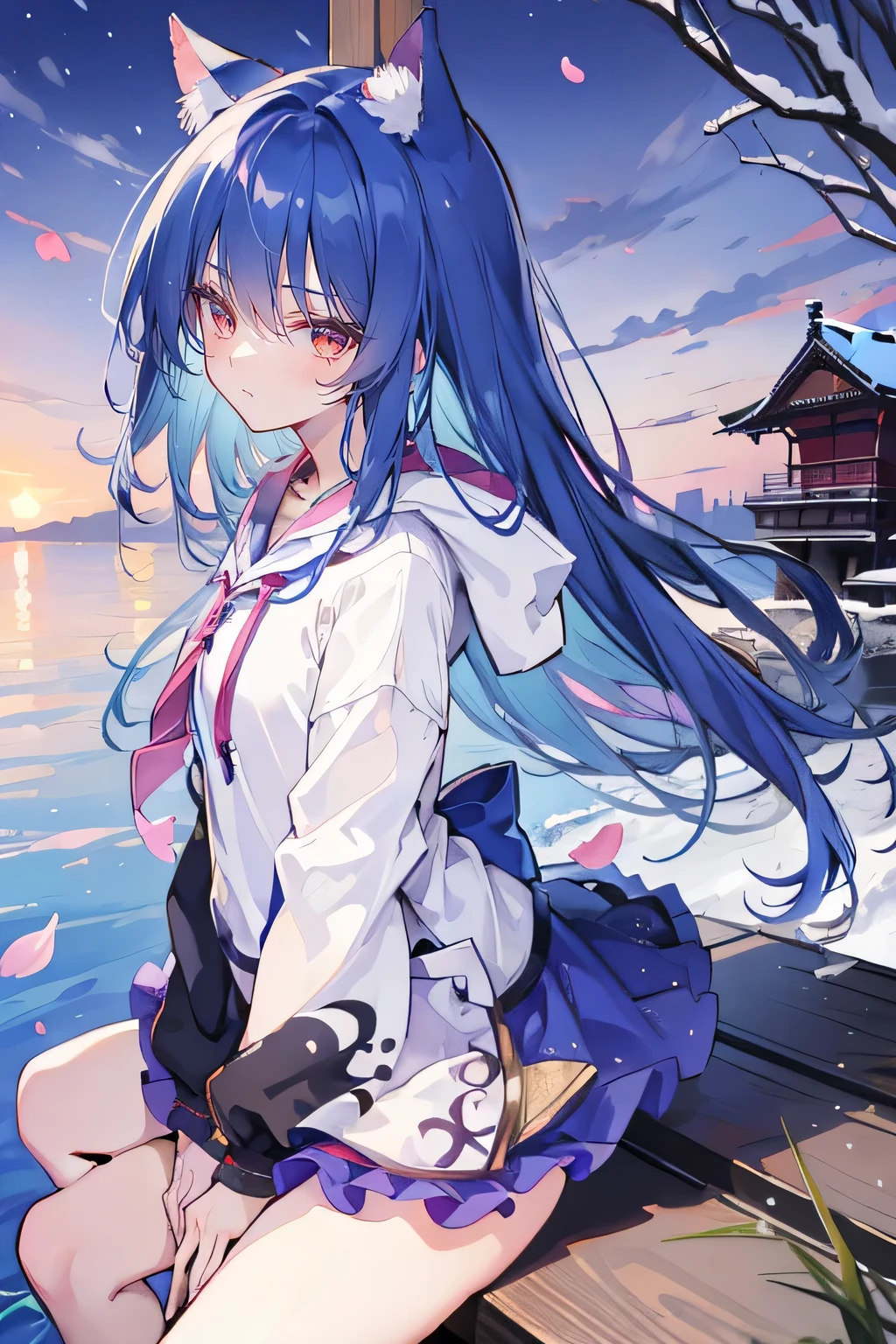 （masterpiece：1.2），Super detailed，lifelike，Expressive eyes，fair skin，perfect face shape，1 girl，
Japanese comics,Gorgeous blue hair,flowing blue hair,flowing clothes,Cat ears,Petals fall,beautiful lola,Baby Angel,sunrise,
Shaking head with one hand，Cross your legs，Gentle and peaceful background，The pavilion is cool and comfortable,smile, wearing hoodie, background of tokyo,back views,snowing, winter，seaside，wet clothes，A smile，A faint smile，。