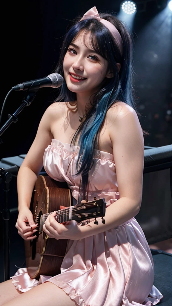 ((best quality)), photorealistic, photorealism, Photorealistic, high resolution, ((Wearing Pink Strapless Satin dress, Headband))、smile、A superb beauty、Super cute、ennui、Rare beauty、Very Short hair、Black Dark Eyeshadow、Sad、white skin、pale skin, Very short hair layered、Dark Gothic Makeup、Cute Smile、Fragrant beauty、Stained glass background、Mastepiece、Best Quality、Refers to 5 books、Sweat glistening on my chest、Sweat glistening on my face、Medium breasts、Blue hair、Age 20 years old、Mysterious look、A sad expression、Blue Hair、Glamorous concert stage、enchanting castle、Sweating profusely all over the body、A lot of sweat and light on the thighs、Shiny thighs、Plenty of sweat glistening on the thighs、A large amount of sweat glistens on my thighs、Sweating profusely、Gal、Medium breasts、Beautiful face、Alluring expression、Sitting、Sitting playing guitar、Thick thighs、Playing guitar、I have a guitar、Sing a song enthusiastically、Playing guitar in a band、Rock band、Playing guitar chords、Live House Background、Sing a song、Open your mouth、Live house scenery、Mic stand、Glamorous live stage、Dynamic Angle、Cinematic lighting