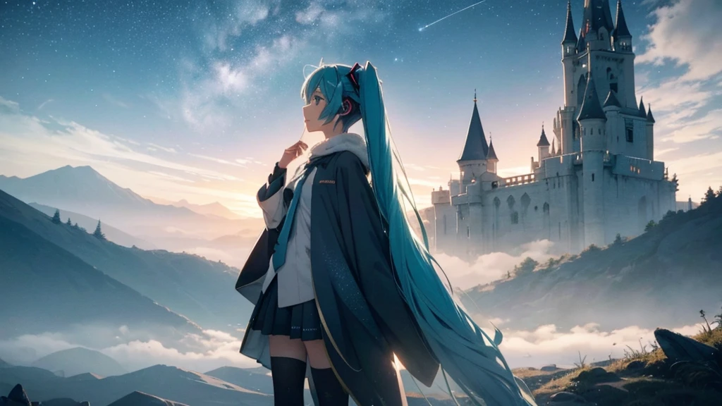 Set against the backdrop of an adventurous fantasy world、This is an image of Hatsune Miku.。She wears a mysterious cloak。The surroundings are shrouded in fog、In the distance you can see the silhouette of an ancient castle。The sky is a starry night、The moon casts a magical light over the forest.。