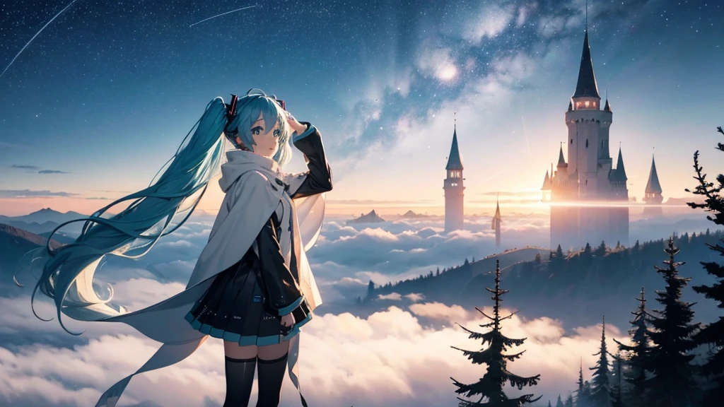 Set against the backdrop of an adventurous fantasy world、This is an image of Hatsune Miku.。She wears a mysterious cloak。The surroundings are shrouded in fog、In the distance you can see the silhouette of an ancient castle。The sky is a starry night、The moon casts a magical light over the forest.。
