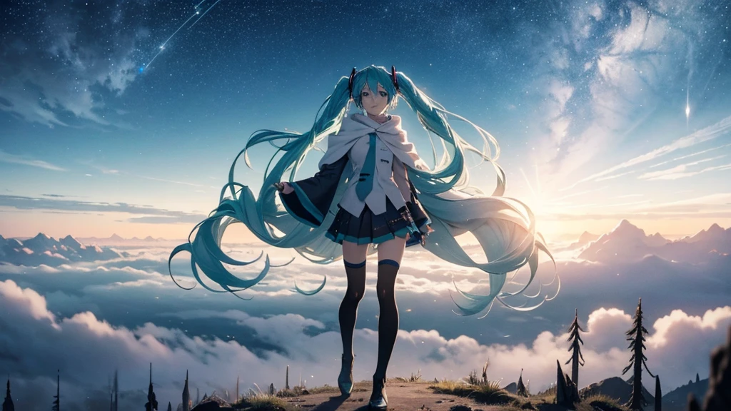 Set against the backdrop of an adventurous fantasy world、This is an image of Hatsune Miku.。She wears a mysterious cloak。The surroundings are shrouded in fog、In the distance you can see the silhouette of an ancient castle。The sky is a starry night、The moon casts a magical light over the forest.。