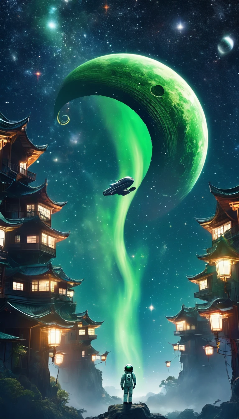 astronaut,aurora,city lights,constellation,crescent moon,earth \(planet\),galaxy,glowing,green eyes,light particles,milky way,night,night sky,planet,shooting star,sky,snake,solo,space,space craft,space helmet,spacesuit,star \(sky\),star \(symbol\),starry background,starry sky,starry sky print,tanabata,tanzaku,telescope,tentacles