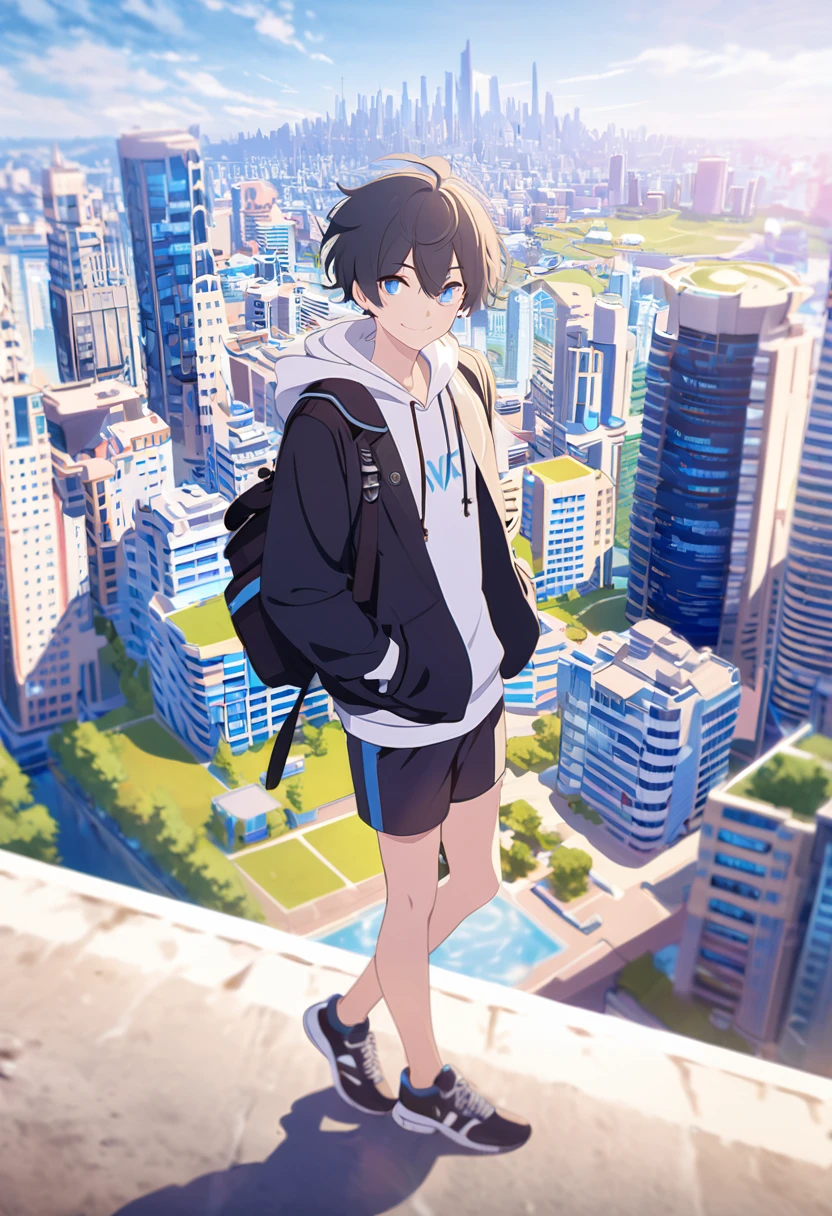 masterpiece,best quality,depth of field,8K,looking at the viewer,running shoes,black hair,blue eyes,afternoon,man,hands in pockets,smiling faintly,alone,Handsome,(chic eyes 1:1),wseifuku,Black jacket over white hoodie,hooded,Future city,man,wearing a sports bag
