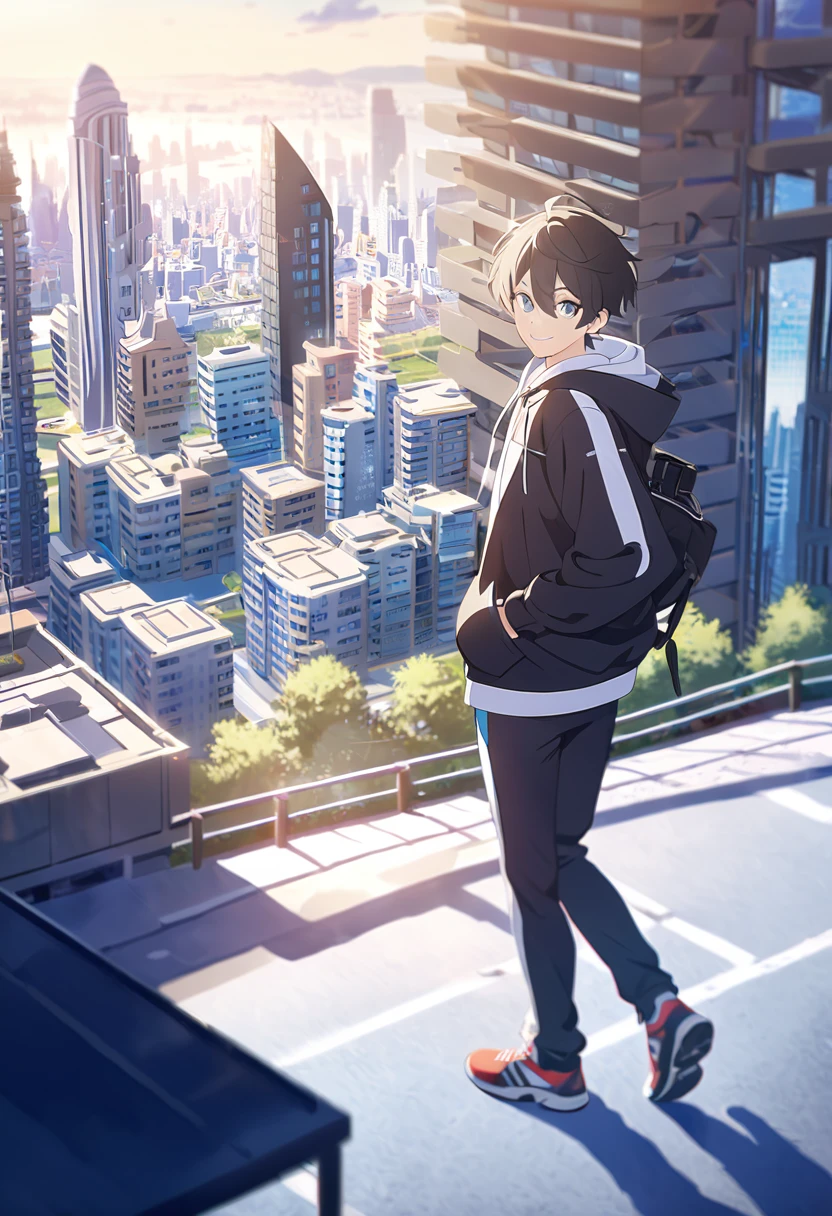 masterpiece,best quality,depth of field,8K,looking at the viewer,running shoes,black hair,blue eyes,afternoon,man,hands in pockets,smiling faintly,alone,Handsome,(chic eyes 1:1),wseifuku,Black jacket over white hoodie,hooded,Future city,man,wearing a sports bag