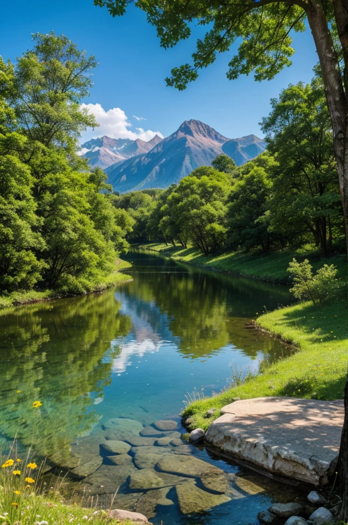 "Create a breathtaking image of a beautiful nature scenery. Include lush green forests, a crystal-clear river or lake, vibrant wildflowers, and distant mountains under a clear blue sky. The scene should evoke a sense of tranquility and untouched natural beauty."