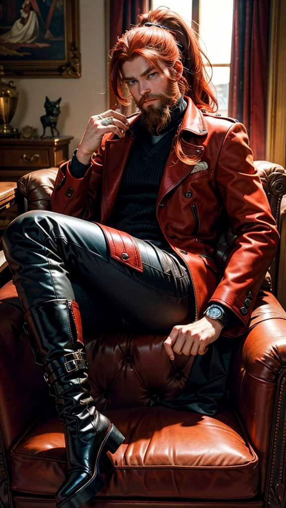 Sitting in the armchair, A beautiful redhead with a ponytail, in elegant black boots, elegant, beautiful female red coat, red painted nails, blue eyes, Beautiful young man, having beard