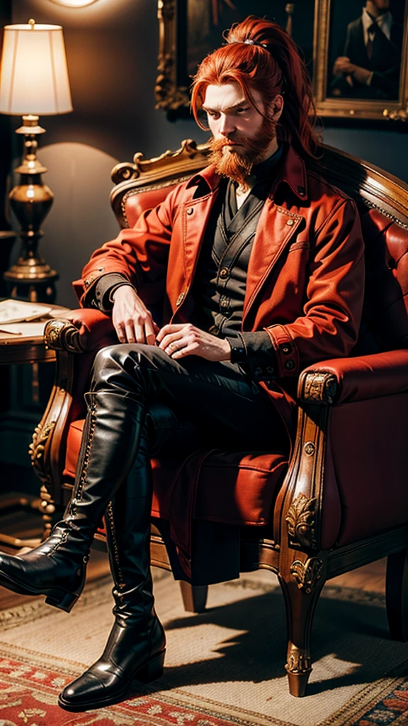 Sitting in the armchair, A beautiful redhead with a ponytail, in elegant black boots, elegant, beautiful female red coat, red painted nails, blue eyes, Beautiful young man, having beard