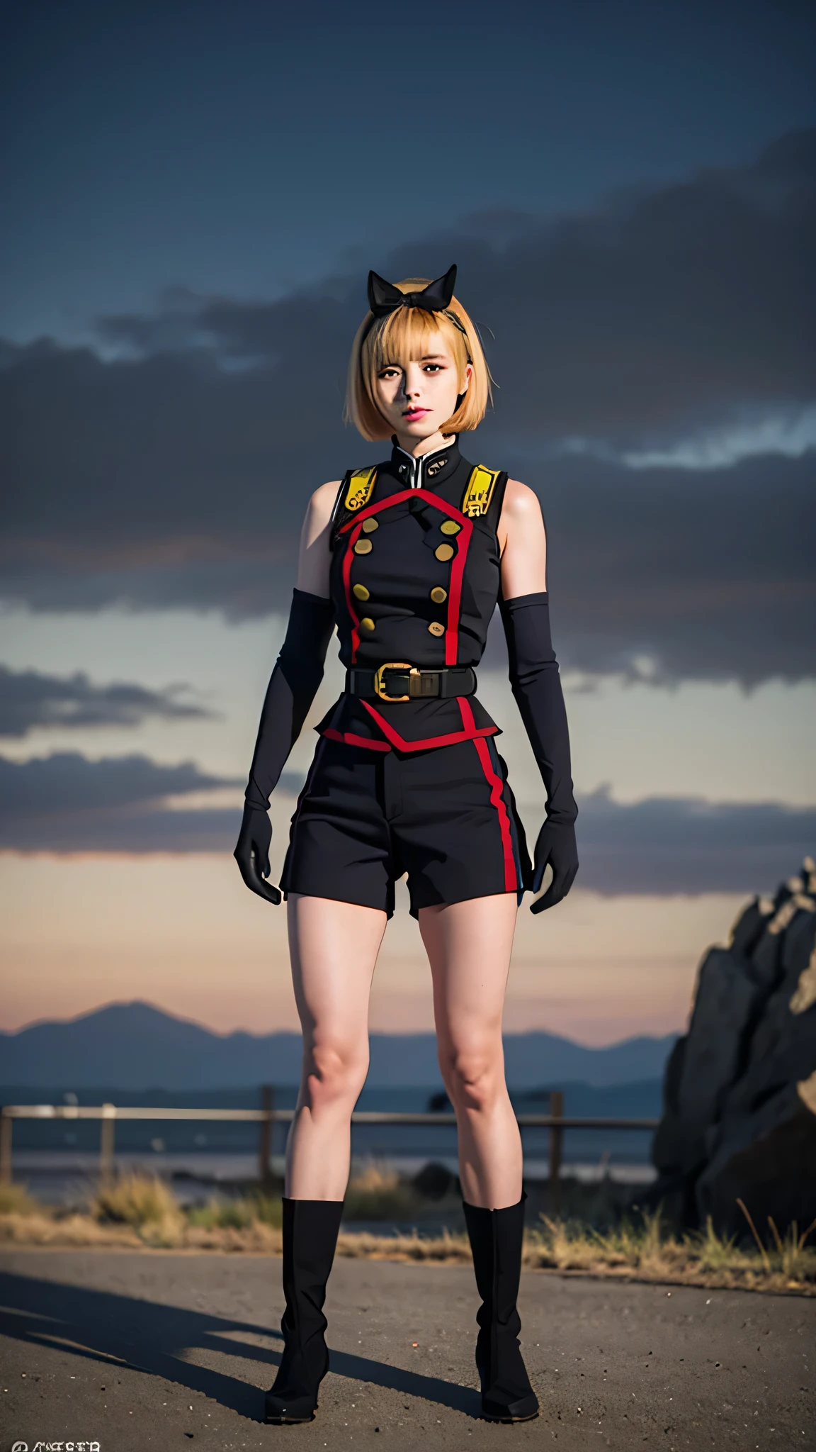 Top quality, 8k, 32k, Masterpiece, photorealistic, realistic, (photorealistic:1,4), solo, slight smile, dramatic lighting, professional makeup, masterpiece, best quality, outdoors, Hands down, black sky background, uniform,  gloves, elbow gloves, belt, black gloves, shorts,  black shorts, Shushu Suruga, 1girl,  yellow hair, green eyes, looking at viewer, short hair, large breasts, hairband, bangs, full body, standing, idle,