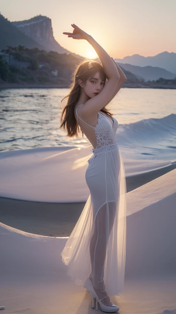 ((Best quality，High Detail，masterpiece:1.5)),1 Full body photo of a 20-year-old girl, White dress dress,，（Backlight, see through silhouette：1.3）, standing solo, Raise your arms, Stretching exercises, Dance poses，Delicate face, White-skinned female，summer mountains，Sunset
