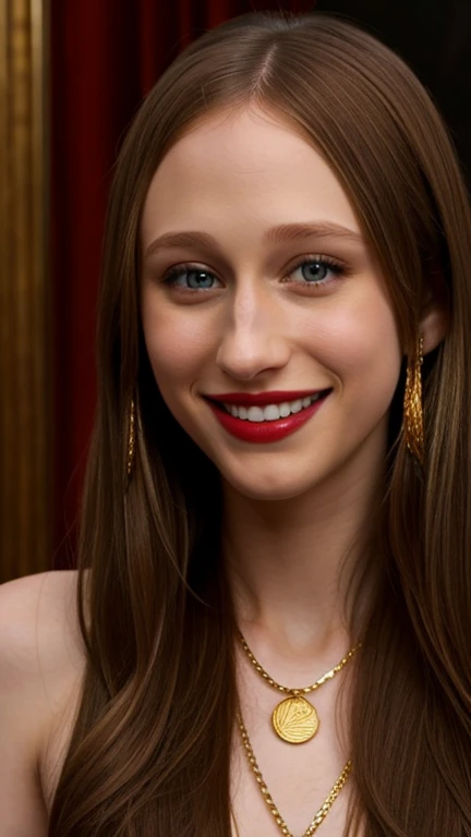 Taissa Farmiga wearing gold chains with lipstick naked and smiling sexy.