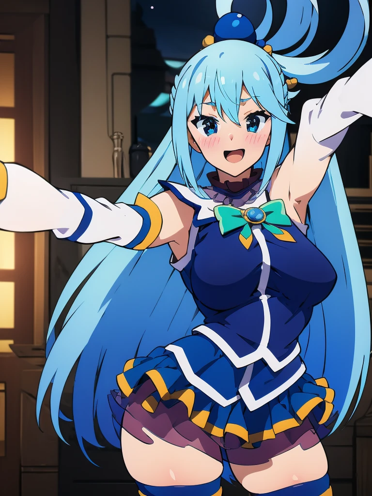 ((masterpiece)), ((Best quality)), (ultra detailed), ((kawaii)), Cute, (Beautiful), ((sexual)), ((extremely detailed)), 4K, (8 thousand.), Best quality, (Beautiful), illustration, anime style, (heavy line:1.2), Gradation, a Cute girl, 1 girl, Konosuba, Water, blue hair, detailed clothing, detailed fabric, Hair rings, (One:1.2), //, standing, (Place your hands on your hips), //, emphasizing the neckline and short skirt, slightly sheer blouse, short pleated skirt, //, Perfect eyes, //, (sexual expression:1.2), fascinated expression, smiling, looks at the viewer, (selfie:1.2) , (higher , smile , open mouth , blush:1.2) //, (Beautiful eyes) //, night sky, distant city lights, lifting skirt, Panties shown, Cute, stockings, hips high, Medium breasts, T-boots, Mid thighs